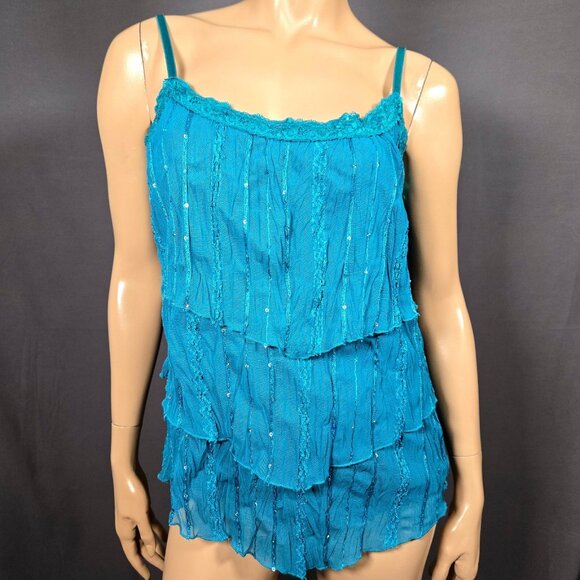 Y2K Blue Sequin Layered mesh Babydoll Top Sleeveless Camisole Size L Fairy Boho - Picture 1 of 11